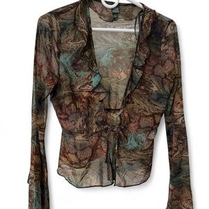 Sheer Multicolor Ruffle Tie-Front Top